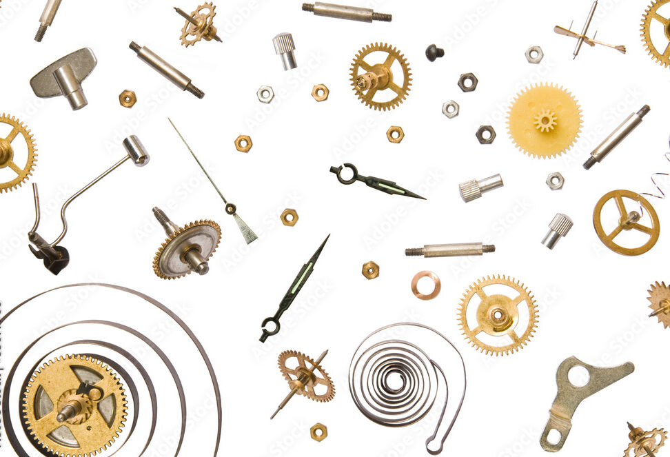 parts of clock mechanism on pure white background